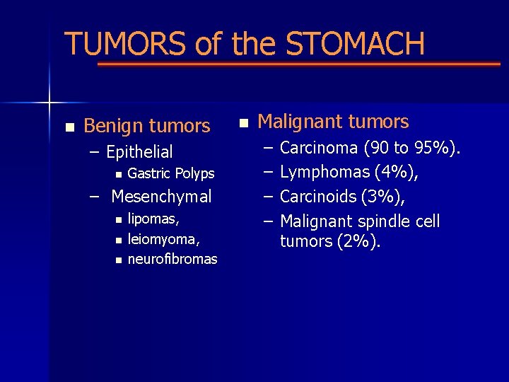TUMORS of the STOMACH n Benign tumors – Epithelial n Gastric Polyps – Mesenchymal