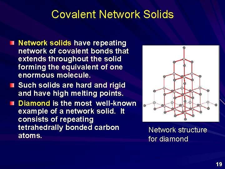 Covalent Network Solids Network solids have repeating network of covalent bonds that extends throughout