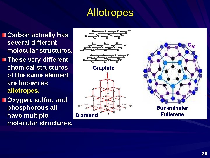 Allotropes Carbon actually has several different molecular structures. These very different chemical structures Graphite