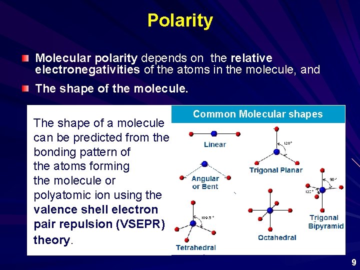 Polarity Molecular polarity depends on the relative electronegativities of the atoms in the molecule,