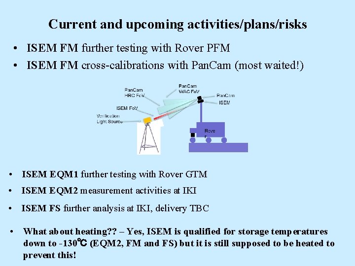 Current and upcoming activities/plans/risks • ISEM FM further testing with Rover PFM • ISEM
