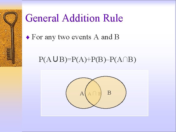 General Addition Rule ¨ For any two events A and B P(A∪B)=P(A)+P(B)–P(A∩B) A A∩B