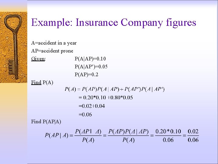 Example: Insurance Company figures A=accident in a year AP=accident prone Given: P(A|AP)=0. 10 P(A|AP’)=0.