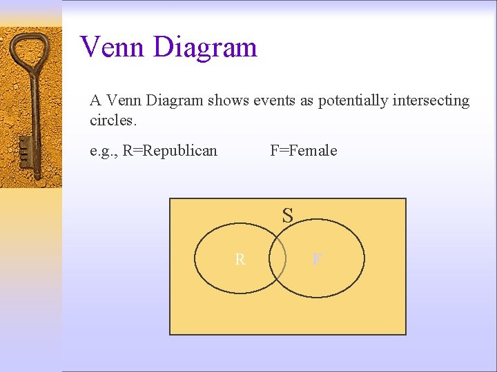 Venn Diagram A Venn Diagram shows events as potentially intersecting circles. e. g. ,