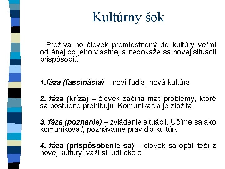 Kultúrny šok Prežíva ho človek premiestnený do kultúry veľmi odlišnej od jeho vlastnej a