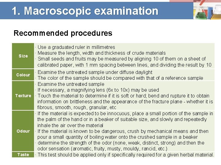 1. Macroscopic examination Recommended procedures Size · Use a graduated ruler in millimetres ·