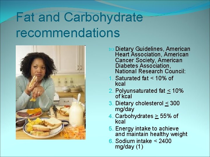 Fat and Carbohydrate recommendations Dietary Guidelines, American Heart Association, American Cancer Society, American Diabetes