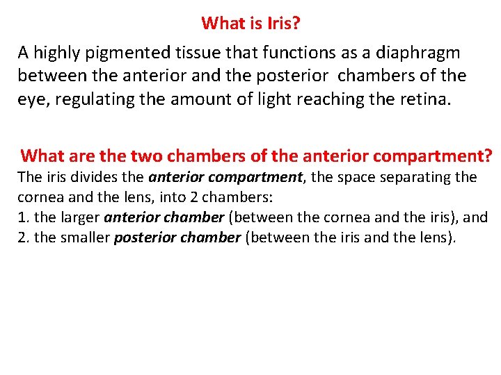 What is Iris? A highly pigmented tissue that functions as a diaphragm between the