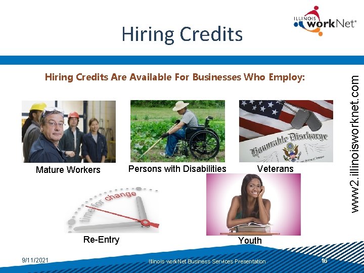 Hiring Credits Mature Workers Re-Entry 9/11/2021 Persons with Disabilities www 2. illinoisworknet. com Hiring