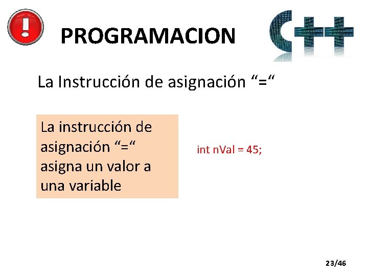 PROGRAMACION La Instrucción de asignación “=“ La instrucción de asignación “=“ asigna un valor