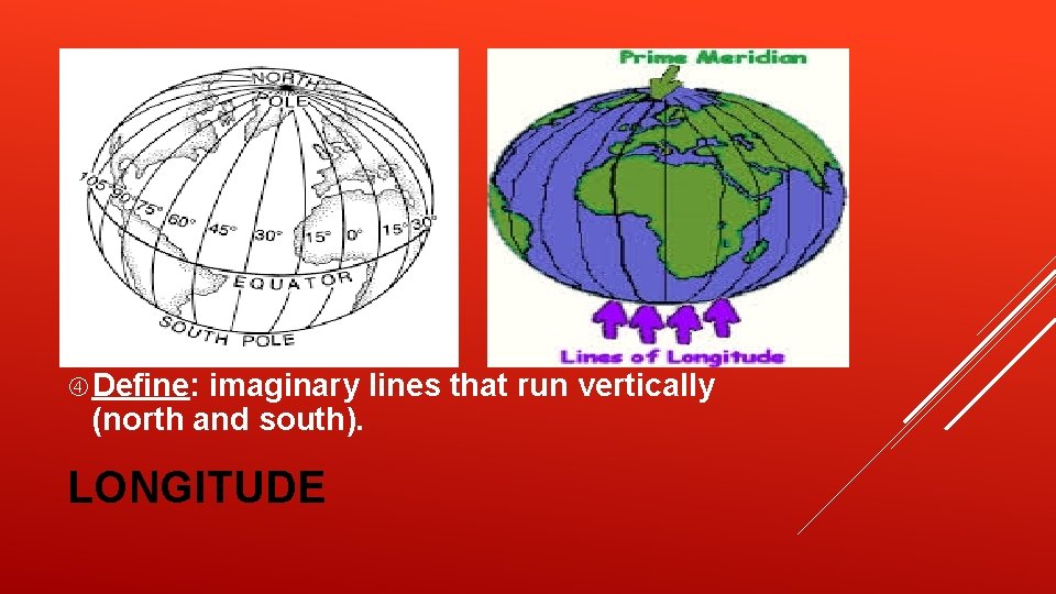 Define: imaginary lines that run vertically (north and south). LONGITUDE Define: imaginary lines that run vertically (north and south). LONGITUDE