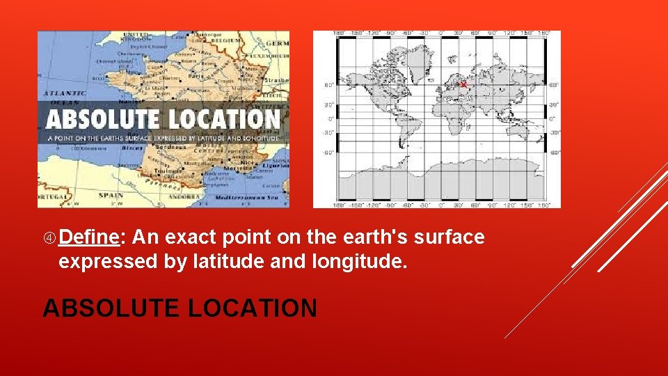 Define: An exact point on the earth's surface expressed by latitude and longitude. Define: An exact point on the earth's surface expressed by latitude and longitude.