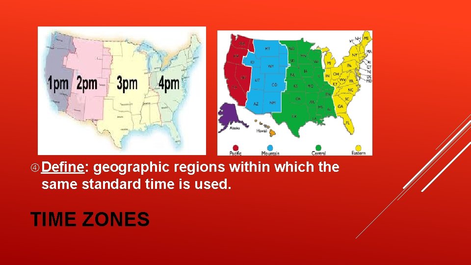 Define: geographic regions within which the same standard time is used. TIME ZONES Define: geographic regions within which the same standard time is used. TIME ZONES