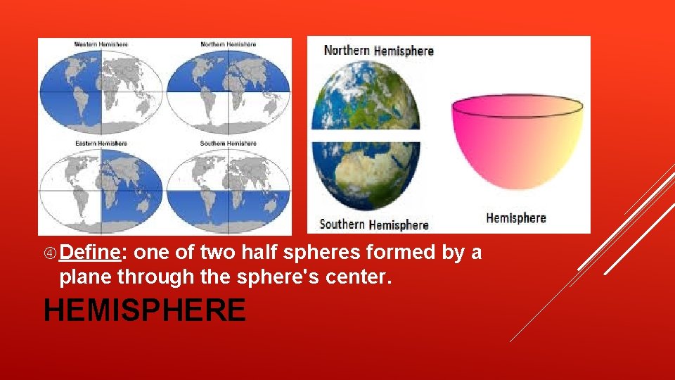 Define: one of two half spheres formed by a plane through the sphere's Define: one of two half spheres formed by a plane through the sphere's