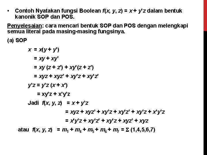  • Contoh Nyatakan fungsi Boolean f(x, y, z) = x + y’z dalam