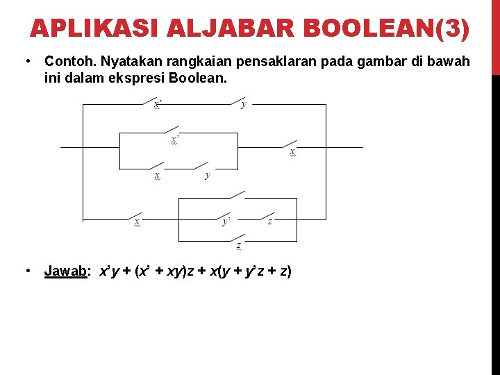 APLIKASI ALJABAR BOOLEAN(3) • Contoh. Nyatakan rangkaian pensaklaran pada gambar di bawah ini dalam