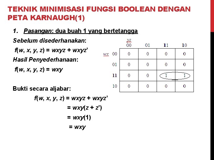 TEKNIK MINIMISASI FUNGSI BOOLEAN DENGAN PETA KARNAUGH(1) 1. Pasangan: dua buah 1 yang bertetangga