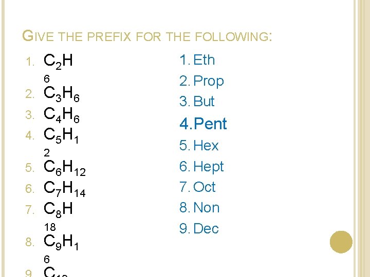 GIVE THE PREFIX FOR THE FOLLOWING: 1. C 2 H 6 2. 3. 4. GIVE THE PREFIX FOR THE FOLLOWING: 1. C 2 H 6 2. 3. 4.