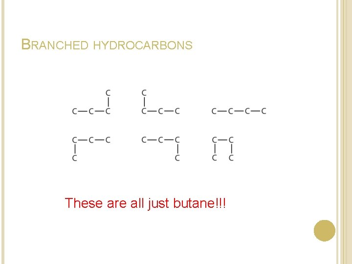 BRANCHED HYDROCARBONS These are all just butane!!! BRANCHED HYDROCARBONS These are all just butane!!!