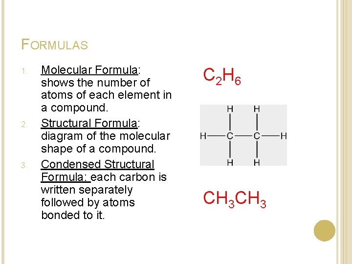FORMULAS 1. 2. 3. Molecular Formula: shows the number of atoms of each element FORMULAS 1. 2. 3. Molecular Formula: shows the number of atoms of each element