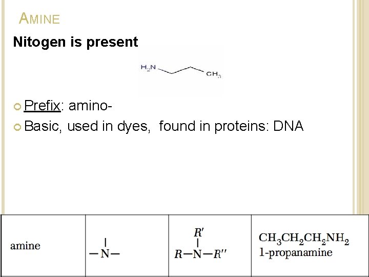 AMINE Nitogen is present Prefix: amino Basic, used in dyes, found in proteins: DNA AMINE Nitogen is present Prefix: amino Basic, used in dyes, found in proteins: DNA