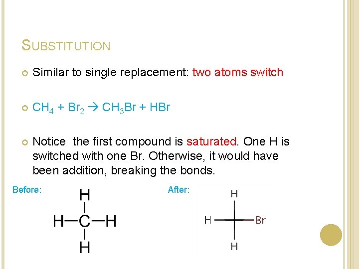 SUBSTITUTION Similar to single replacement: two atoms switch CH 4 + Br 2 CH SUBSTITUTION Similar to single replacement: two atoms switch CH 4 + Br 2 CH
