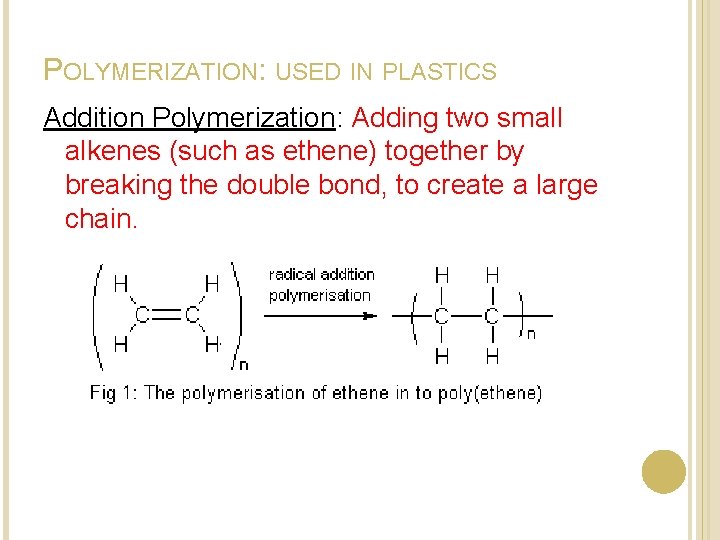 POLYMERIZATION: USED IN PLASTICS Addition Polymerization: Adding two small alkenes (such as ethene) together POLYMERIZATION: USED IN PLASTICS Addition Polymerization: Adding two small alkenes (such as ethene) together