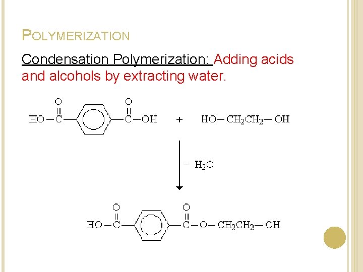 POLYMERIZATION Condensation Polymerization: Adding acids and alcohols by extracting water. POLYMERIZATION Condensation Polymerization: Adding acids and alcohols by extracting water.