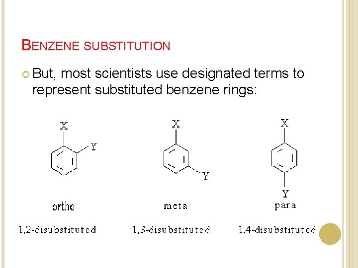 BENZENE SUBSTITUTION But, most scientists use designated terms to represent substituted benzene rings: BENZENE SUBSTITUTION But, most scientists use designated terms to represent substituted benzene rings: