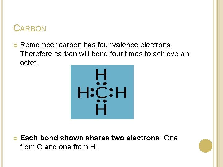 CARBON Remember carbon has four valence electrons. Therefore carbon will bond four times to CARBON Remember carbon has four valence electrons. Therefore carbon will bond four times to