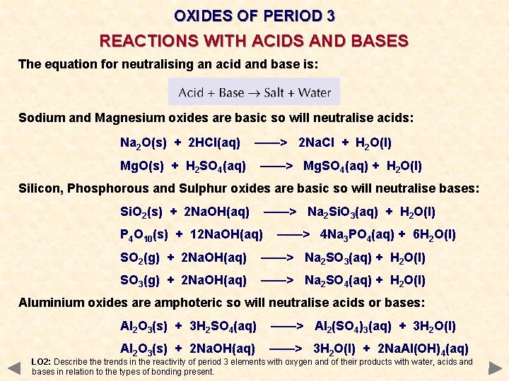 OXIDES OF PERIOD 3 REACTIONS WITH ACIDS AND BASES The equation for neutralising an