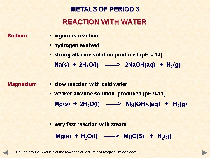 METALS OF PERIOD 3 REACTION WITH WATER Sodium • vigorous reaction • hydrogen evolved