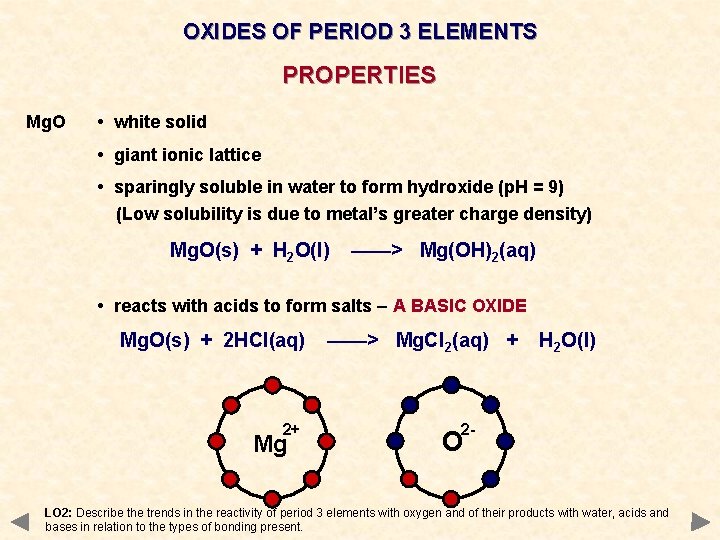 OXIDES OF PERIOD 3 ELEMENTS PROPERTIES Mg. O • white solid • giant ionic