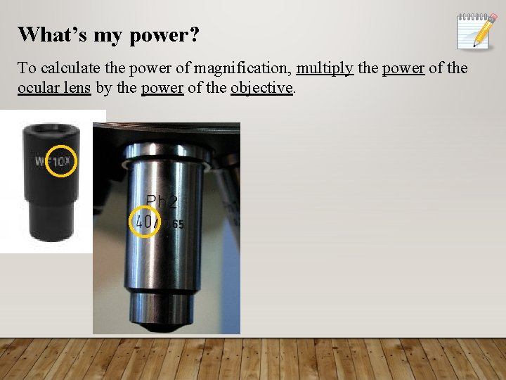 What’s my power? To calculate the power of magnification, multiply the power of the