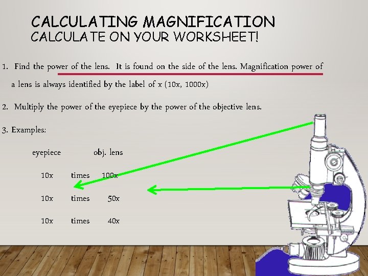 CALCULATING MAGNIFICATION CALCULATE ON YOUR WORKSHEET! 1. Find the power of the lens. It