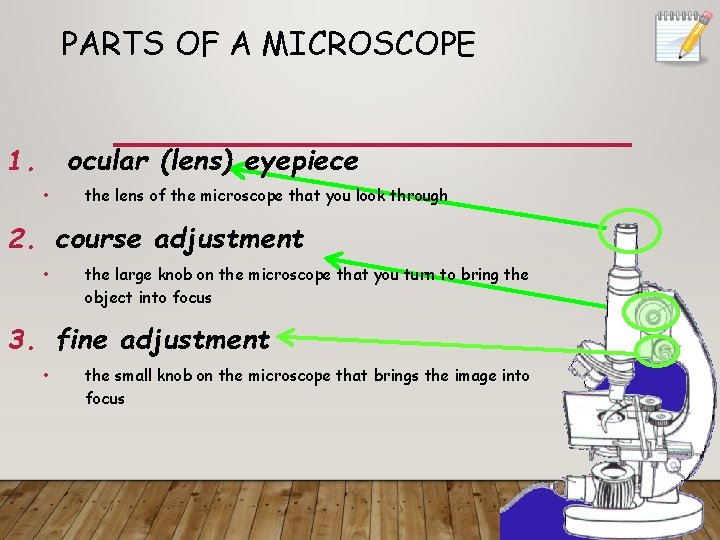 PARTS OF A MICROSCOPE 1. ocular (lens) eyepiece • the lens of the microscope