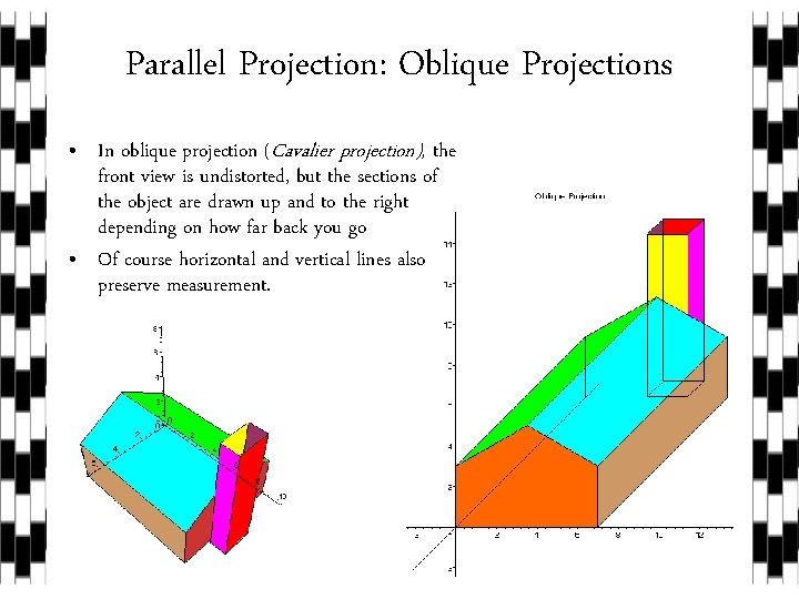 Parallel Projection: Oblique Projections • In oblique projection (Cavalier projection), the front view is