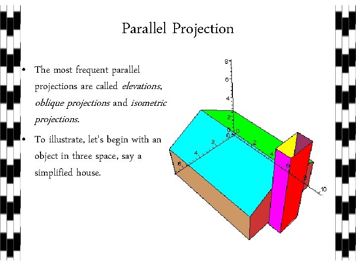 Parallel Projection • The most frequent parallel projections are called elevations, oblique projections and