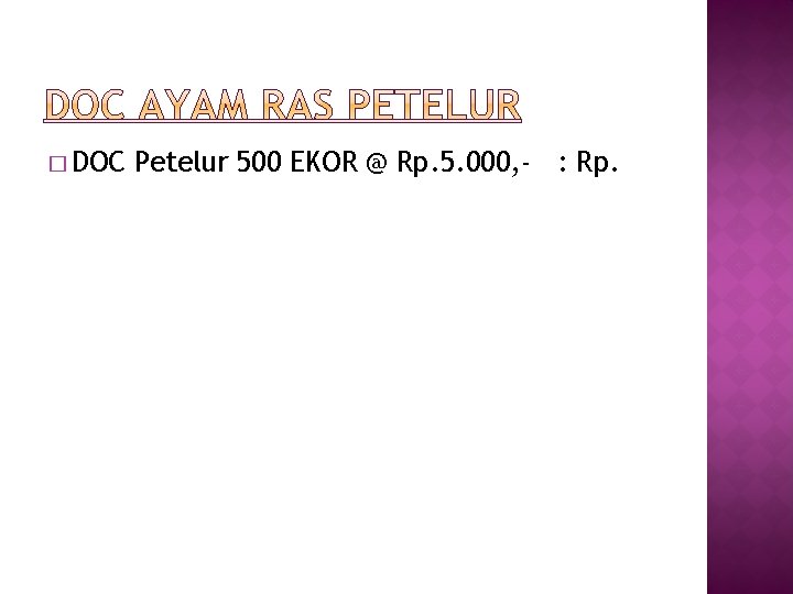 � DOC Petelur 500 EKOR @ Rp. 5. 000, - : Rp. 