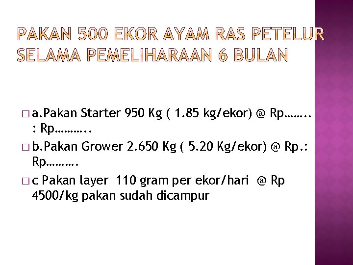 � a. Pakan Starter 950 Kg ( 1. 85 kg/ekor) @ Rp……. . :