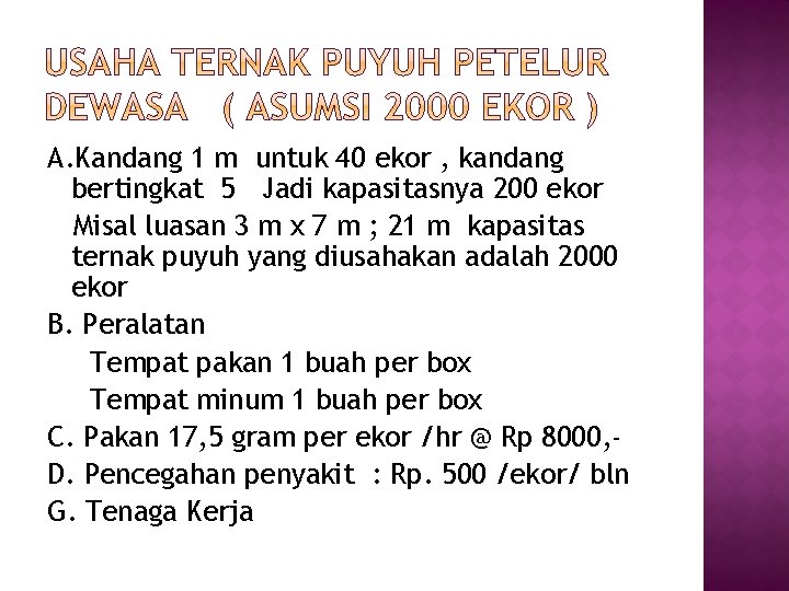 A. Kandang 1 m untuk 40 ekor , kandang bertingkat 5 Jadi kapasitasnya 200