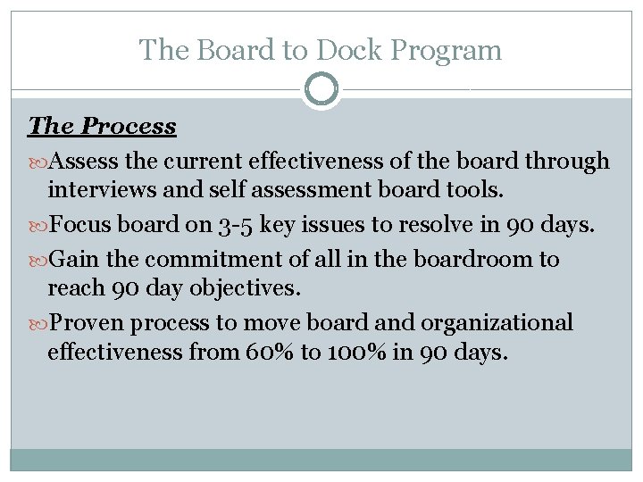 The Board to Dock Program The Process Assess the current effectiveness of the board