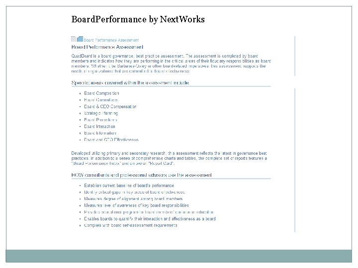 Board. Performance by Next. Works 