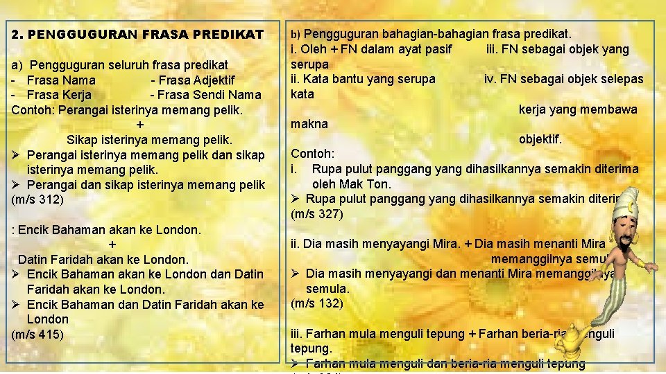 2. PENGGUGURAN FRASA PREDIKAT a) Pengguguran seluruh frasa predikat - Frasa Nama - Frasa