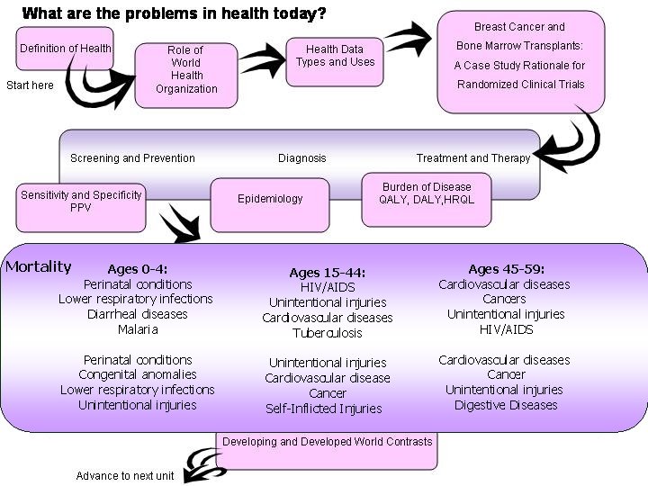 Mortality Ages 0 -4: Perinatal conditions Lower respiratory infections Diarrheal diseases Malaria Ages 15