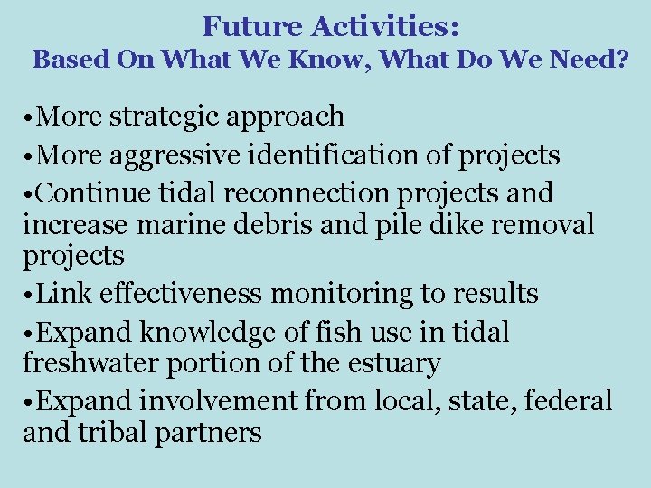 Future Activities: Based On What We Know, What Do We Need? • More strategic