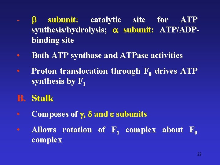- subunit: catalytic site for ATP synthesis/hydrolysis; subunit: ATP/ADPbinding site • Both ATP synthase