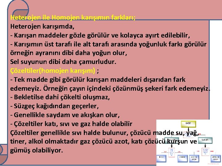 Heterojen ile Homojen karışımın farkları; Heterojen karışımda, - Karışan maddeler gözle görülür ve kolayca