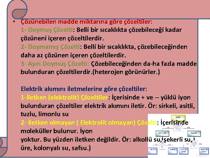  • Çözünebilen madde miktarına göre çözeltiler: 1 - Doymuş Çözelti: Belli bir sıcaklıkta