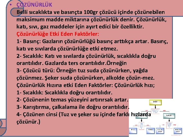  • ÇÖZÜNÜRLÜK Belli sıcaklıkta ve basınçta 100 gr çözücü içinde çözünebilen maksimum madde